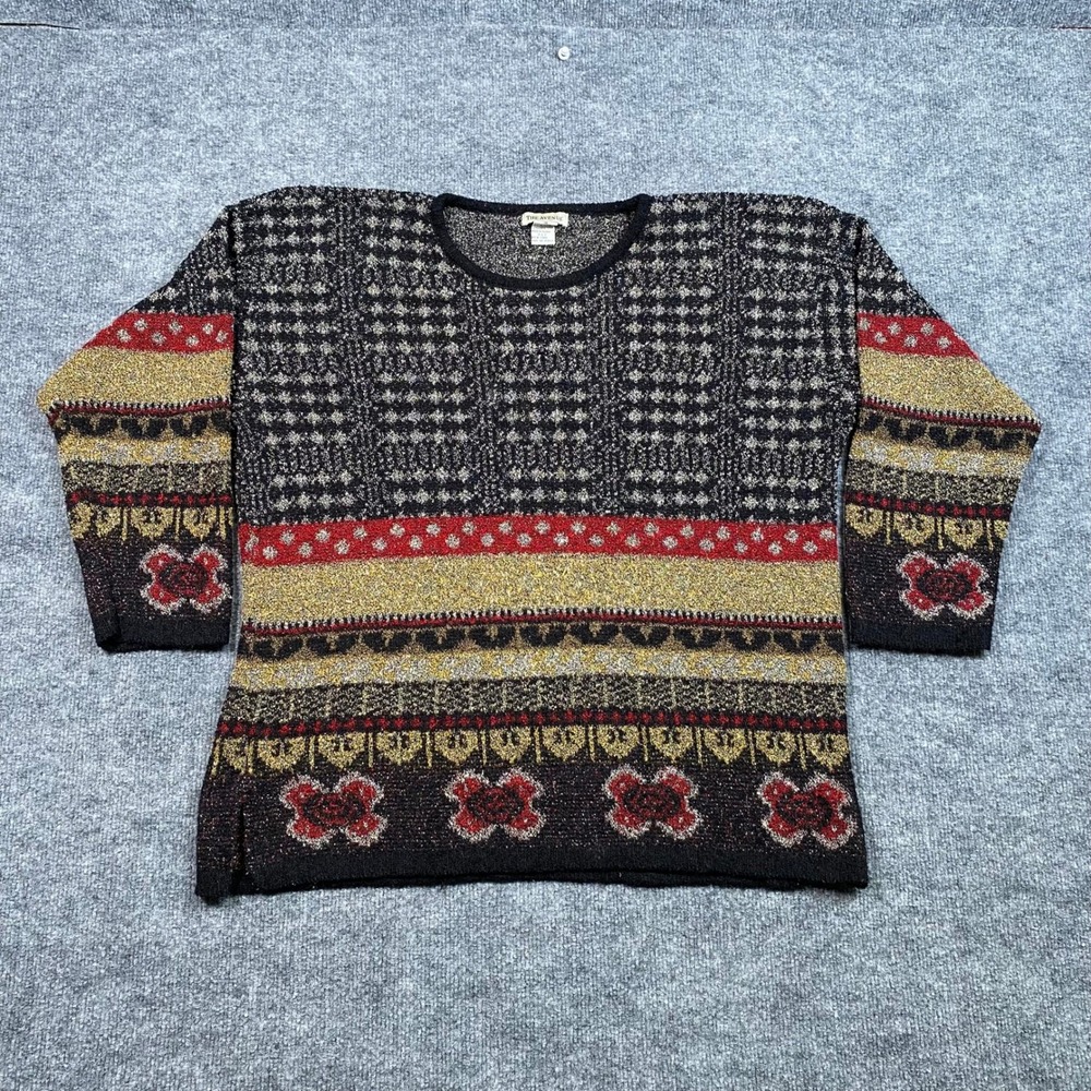 The Avenue Vintage Metallic Lurex Geometric Floral Knit Sweater Womens 1X Black